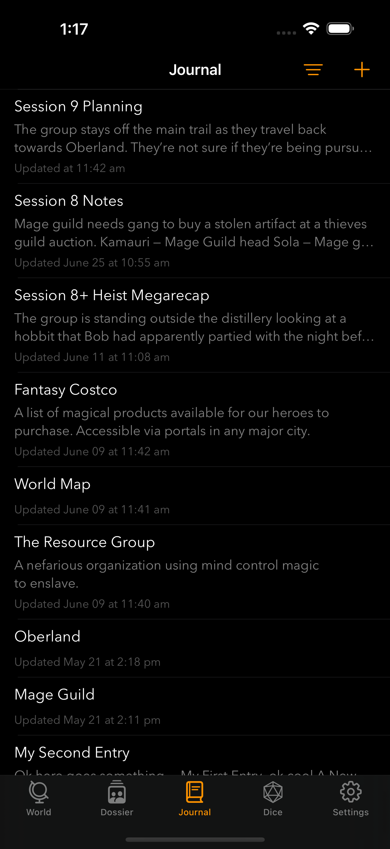 A screenshot of the app running on an iPhone. It shows the app's journal view. There's a list of time-sorted journal entries each with a title and summary. At the bottom you can see the app’s four tabs — World, Dossier, Journal, and Dice
