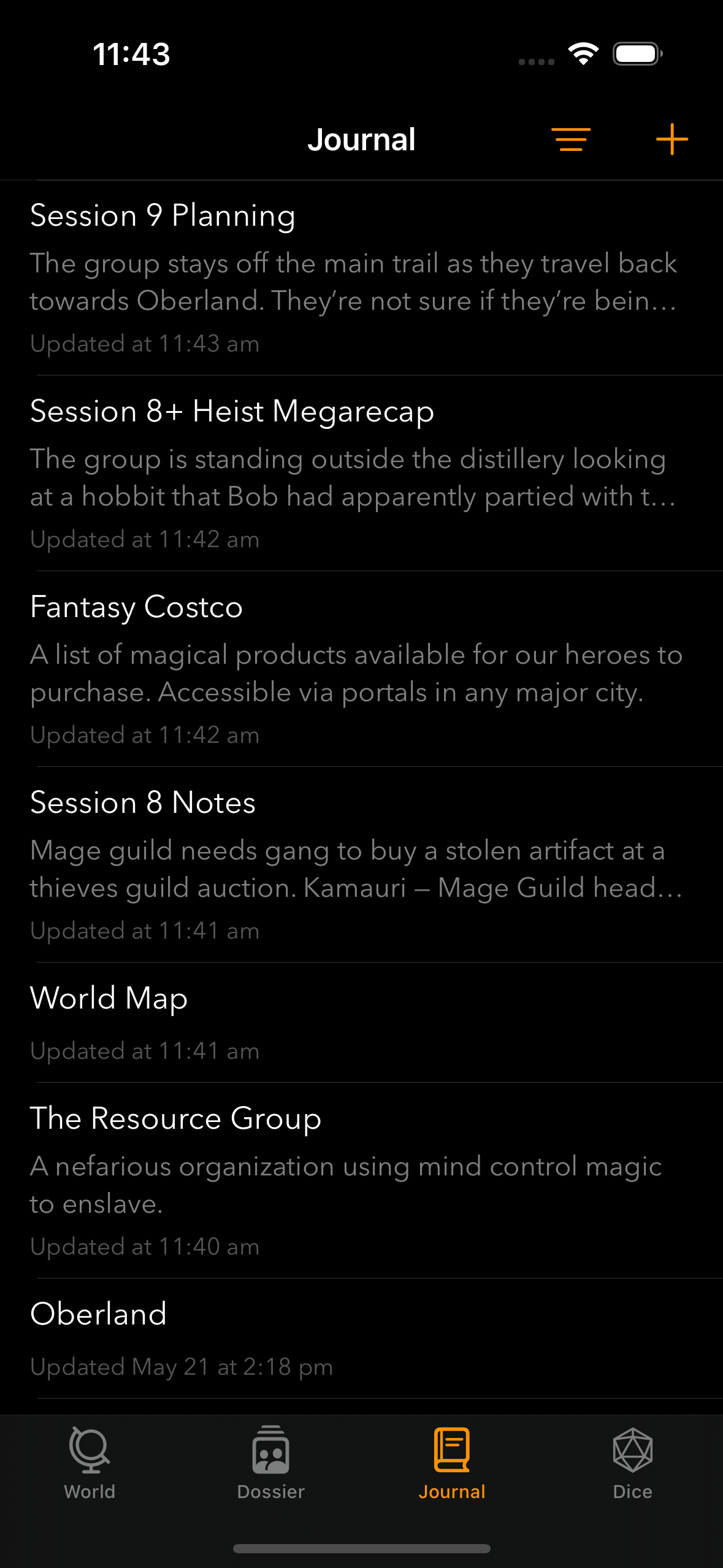 A screenshot of the app running on an iPhone. It shows the app's journal view. There's a list of time-sorted journal entries each with a title and summary. At the bottom you can see the app’s four tabs — World, Dossier, Journal, and Dice
